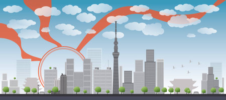 Tokyo skyline with skyscrapers and sun Vector illustrationのイラスト素材