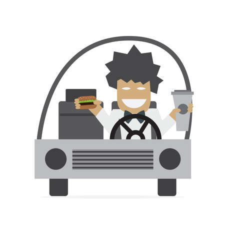 Man is driving and eating burger and drinking coffee Vector illustrationのイラスト素材