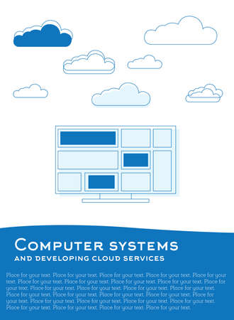 Vector illustration with computer and clouds made from blue lines and plce for textのイラスト素材
