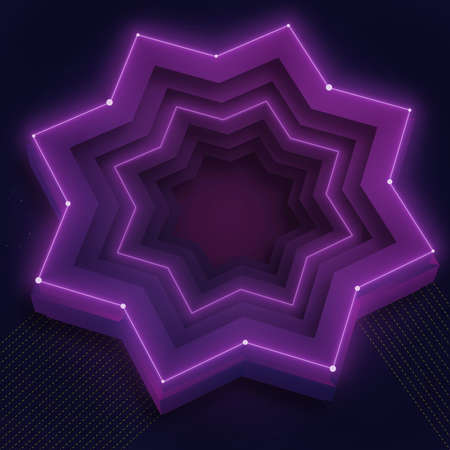 Illustration with 3d shiny purple neon star and place for textの写真素材
