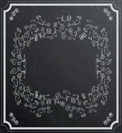 Flower frame on black chalkboard. Vector illustrationのイラスト素材