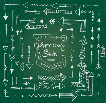 Hand drawn arrow icons set on green chalk board. Vector Illustrationのイラスト素材