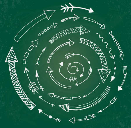Hand drawn arrow icons set on green chalk board. Vector Illustrationのイラスト素材