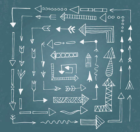 Hand drawn arrow icons set on blue chalk board. Vector Illustrationのイラスト素材