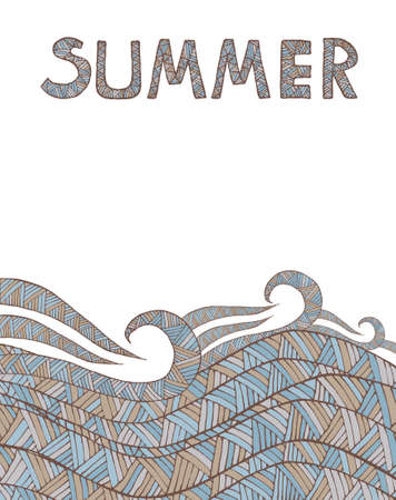 Vintage Wave Line and Triangle Hand-drawn Abstract Colorful Vector Pattern with Summer textのイラスト素材