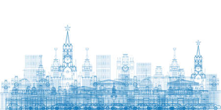 Outline Moscow City Skyscrapers and famous buildings in blue color Vector illustrationのイラスト素材