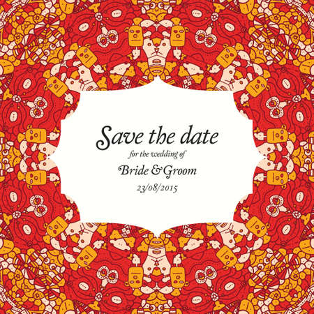 Vector Save The Date. Hand drawn Vector Invitation with red patternのイラスト素材