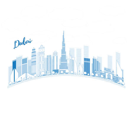 Outline Dubai City skyline with blue skyscrapers and copy space. Vector illustrationのイラスト素材