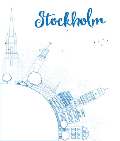 Outline Stockholm Skyline with Blue Buildings and copy space. Vector Illustrationのイラスト素材