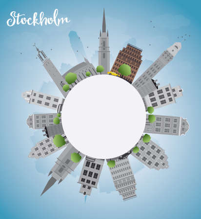 Stockholm Skyline with Grey Buildings and Blue Sky with copy space. Vector Illustrationのイラスト素材