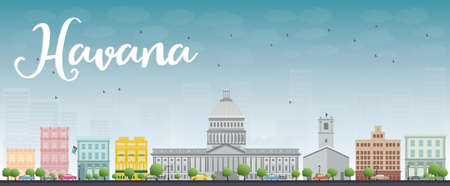 Havana Skyline with Color Building and Blue Sky. Vector Illustrationのイラスト素材