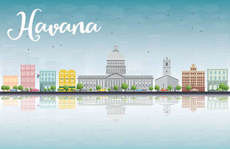 Havana Skyline with Color Building and Blue Sky. Vector Illustrationのイラスト素材