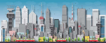 Big city with skyscrapers and small houses. Vector flat illustrationのイラスト素材