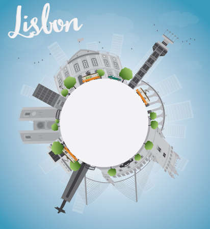 Lisbon city skyline with grey buildings blue sky and copy space. Vector illustrationのイラスト素材