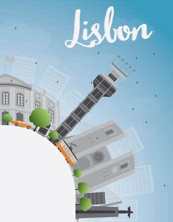 Lisbon city skyline with grey buildings blue sky and copy space. Vector illustrationのイラスト素材