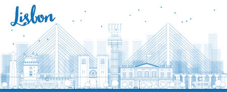 Outline Lisbon city skyline with blue buildings. Vector illustrationのイラスト素材