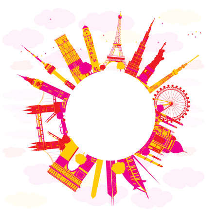 Bright Travel concept around the world with famous international landmarks. Vector illustrationのイラスト素材