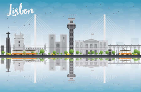 Lisbon city skyline with grey buildings and blue sky. Vector illustrationのイラスト素材