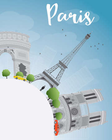 Paris skyline with grey landmarks, blue sky and copy space. Vector illustrationのイラスト素材