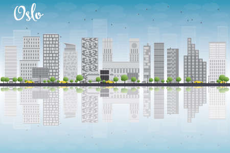 Oslo Skyline with Grey Building, Blue Sky and reflections. Vector Illustrationのイラスト素材