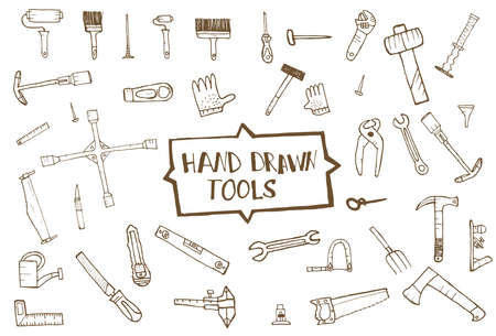 Hand drawn tool icons set, isolated. Vector illustrationのイラスト素材