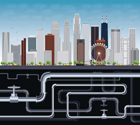 Imaginary Big City with Skyscrapers, Blue Sky, Trees and Tubes. Vector Illustrationのイラスト素材