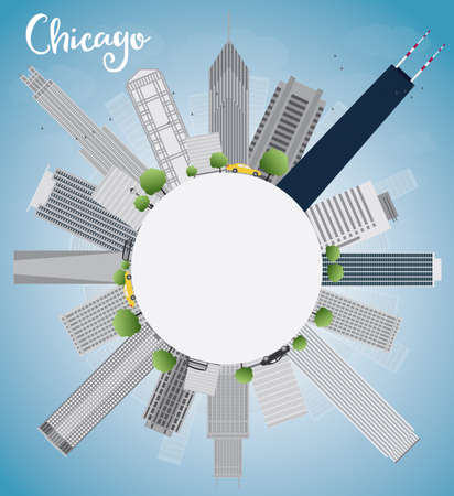 Chicago city skyline with grey skyscrapers,  blue sky and copy space. Vector illustrationのイラスト素材