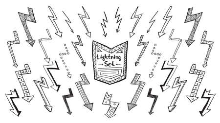 Set of hand drawn lightning on white background. Vector illustrationのイラスト素材