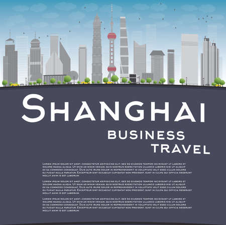 Shanghai skyline with blue sky, grey skyscrapers and copy space. Business travel concept. Vector illustrationのイラスト素材