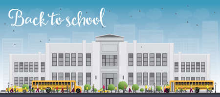 Landscape with school bus, school building and people. Vector illustrationのイラスト素材