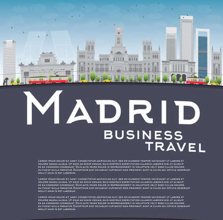 Madrid Skyline with grey buildings, blue sky and copy space. Business travel concept. Vector illustrationのイラスト素材