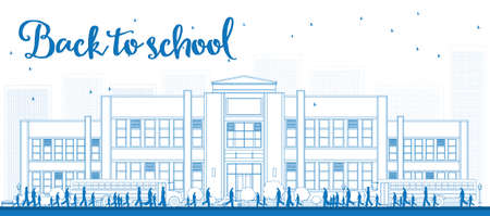Outline Landscape with school bus, school building and people. Vector illustrationのイラスト素材