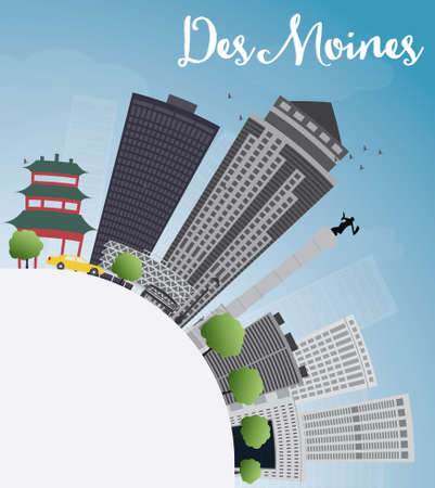 Des Moines Skyline with Grey Buildings and copy space. Vector Illustrationのイラスト素材