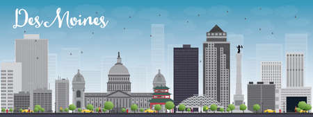 Des Moines Skyline with Grey Buildings and Blue Sky. Vector Illustrationのイラスト素材