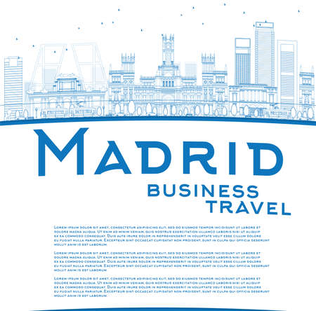 Outline Madrid Skyline with blue buildings and copy space. Business travel concept. Vector illustrationのイラスト素材