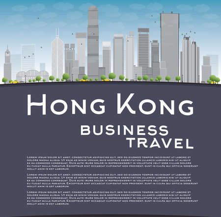 Hong Kong skyline with blue sky, taxi and copy space. Business travel concept. Vector illustrationのイラスト素材