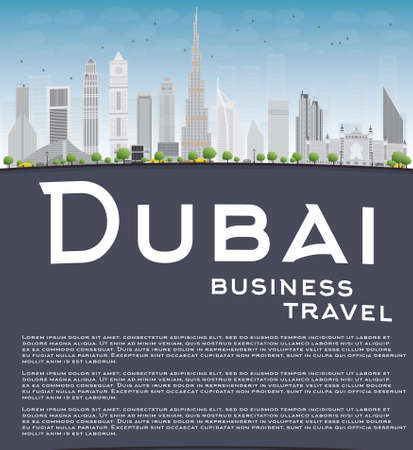 Dubai City skyline with grey skyscrapers, blue sky and copy space. Business travel concept. Vector illustrationのイラスト素材