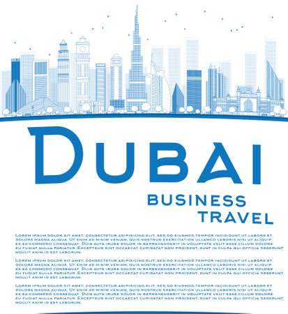 Outline Dubai City skyline with blue skyscrapers and copy space. Business travel concept. Vector illustrationのイラスト素材