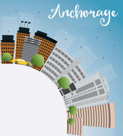 Anchorage (Alaska) Skyline with Grey Buildings, Blue Sky and copy space. Vector illustrationのイラスト素材
