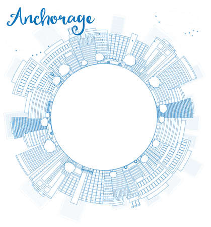 Outline Anchorage (Alaska) Skyline with Blue Buildings and copy space. Vector Illustrationのイラスト素材