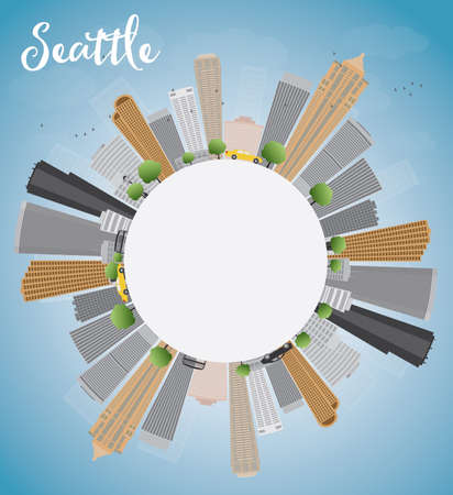 Seattle City Skyline with Grey Buildings, Blue Sky and copy space. Vector Illustrationのイラスト素材