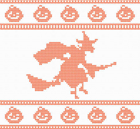 Seamless Knitted Halloween Pattern with Witch in red color. Vector illustrationのイラスト素材