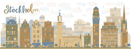 Stockholm Skyline with Bown and blue Buildings. Vector Illustrationのイラスト素材