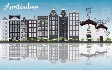 Amsterdam city skyline with grey buildings, blue sky and reflection. Vector illustration. Business travel and tourism concept with historic buildings. Image for presentation, banner, placard and web site.のイラスト素材