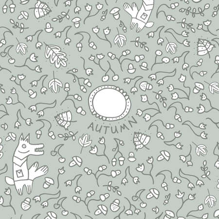 Floral background. Vector floral design, leaf pattern. Plants ornament with copy space. Illustration with acorn, berry and mushrooms for paper, textile, cover or webのイラスト素材