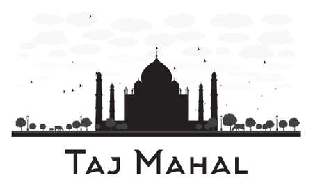 Taj Mahal skyline black and white silhouette. Vector illustration. Simple flat concept for tourism presentation, banner, placard or web site. Business travel concept. Cityscape with famous landmarkのイラスト素材