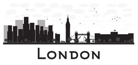 London skyline black and white silhouette. Vector illustration. Simple flat concept for tourism presentation, banner, placard or web site. Business travel concept. Cityscape with famous landmarksのイラスト素材