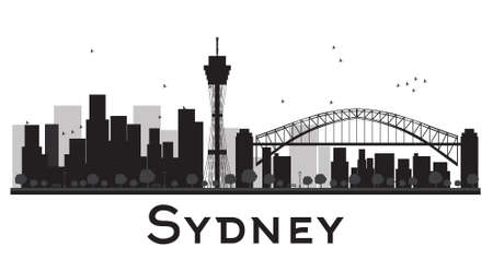 Sydney City skyline black and white silhouette. Vector illustration. Concept for tourism presentation, banner, placard or web site. Business travel concept. Cityscape with famous landmarksのイラスト素材