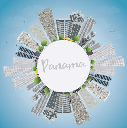 Panama City skyline with grey skyscrapers, blue sky and copy space. Vector Illustration. Business travel and tourism concept with place for text. Image for presentation, banner, placard and web site.のイラスト素材