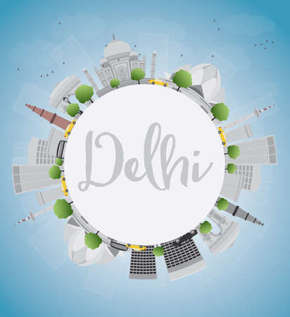 Delhi skyline with gray landmarks, blue sky and copy space.のイラスト素材
